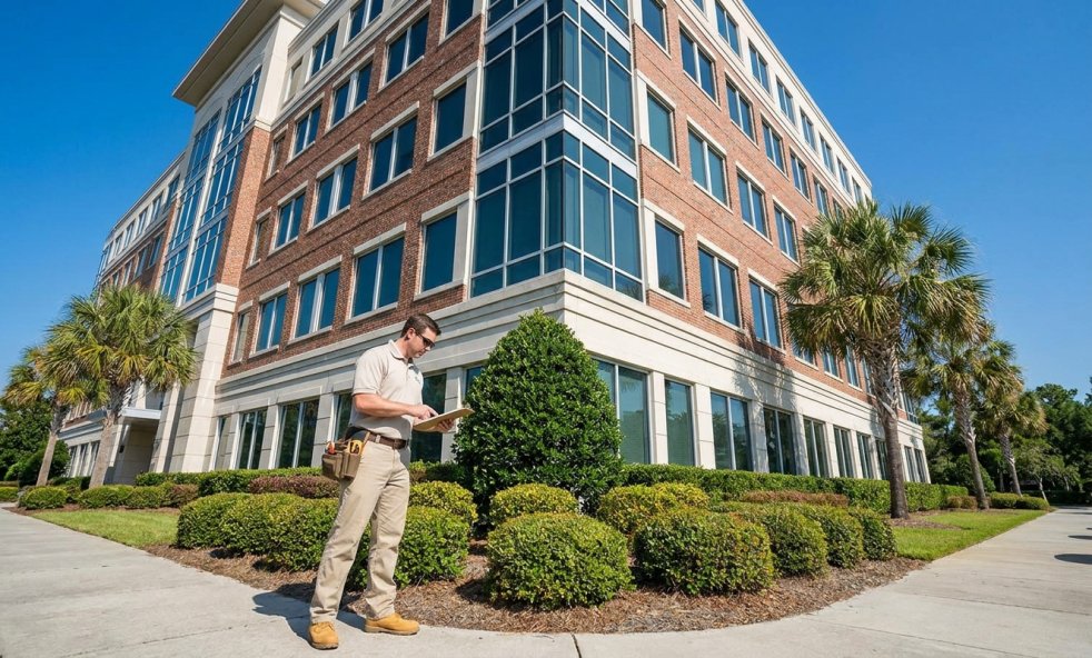 Pest control technician inspecting landscaping outside a commercial office building in South Carolina