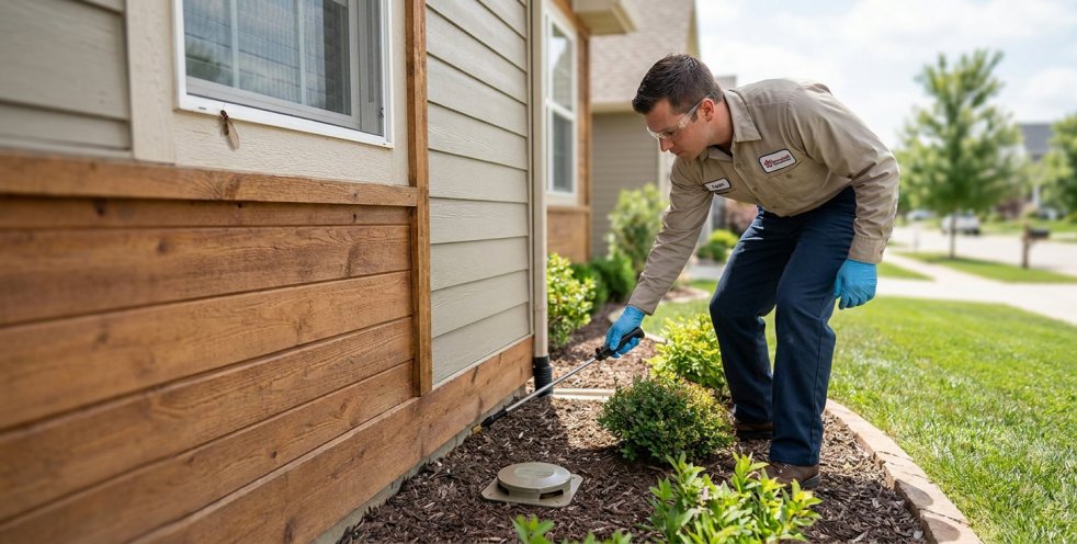 Pest control technician treating a home's foundation and landscaping for termites