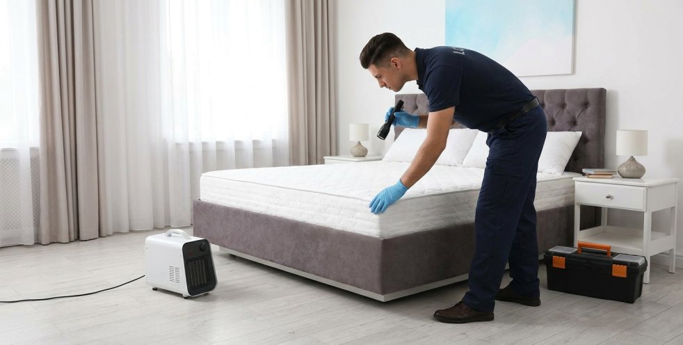 Pest control technician inspecting a bed in a bedroom for bedbug treatment