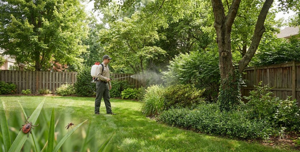 Pest control technician spraying mosquito treatment in a backyard with tick closeup