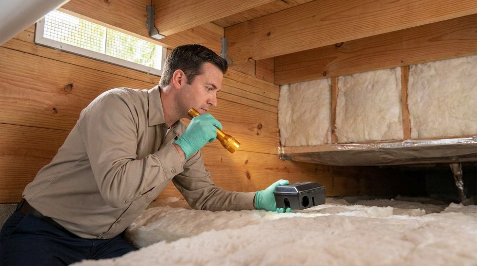 Pest control technician inspecting attic insulation with flashlight and rodent trap