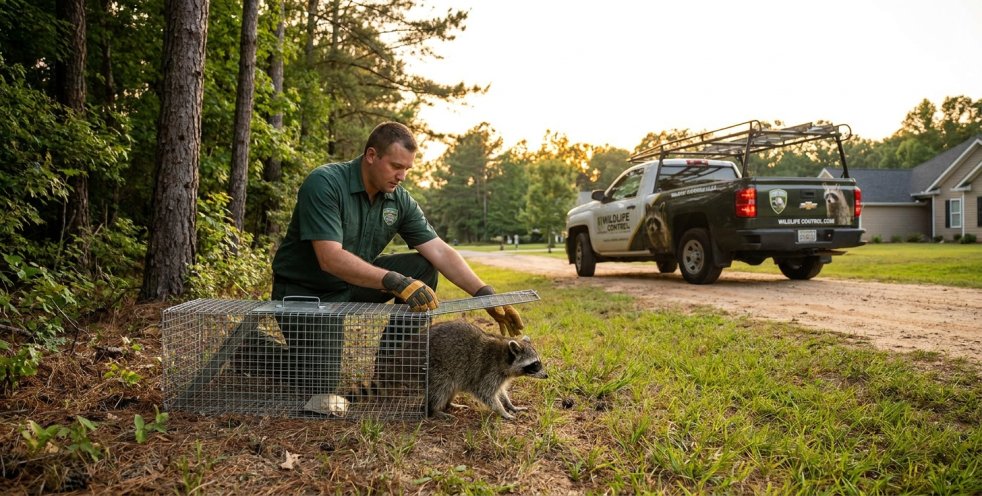 Wildlife control worker releasing raccoon from trap beside service truck in a suburban yard