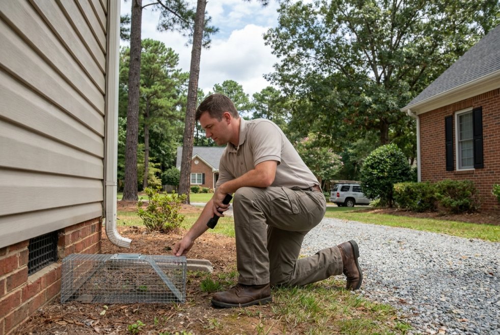 Pest control technician setting a wildlife trap beside a house in Greenville, South Carolina