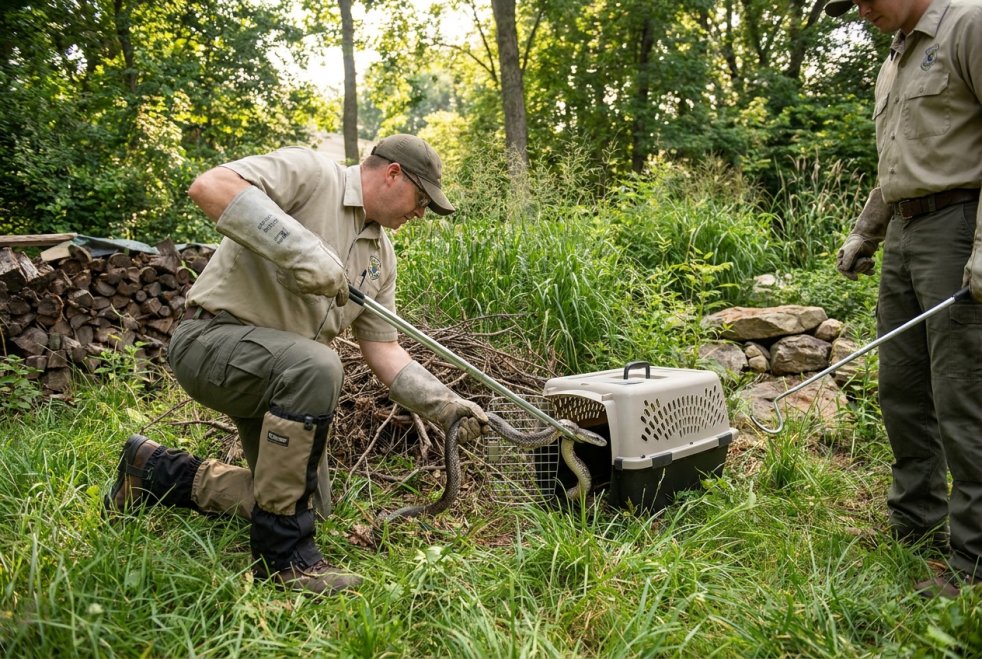 Wildlife control workers removing a snake from a trap in a grassy yard