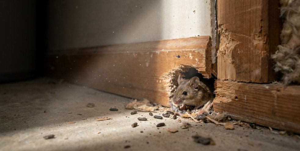 Mouse peeking from a hole in a wall with droppings on the floor inside a home